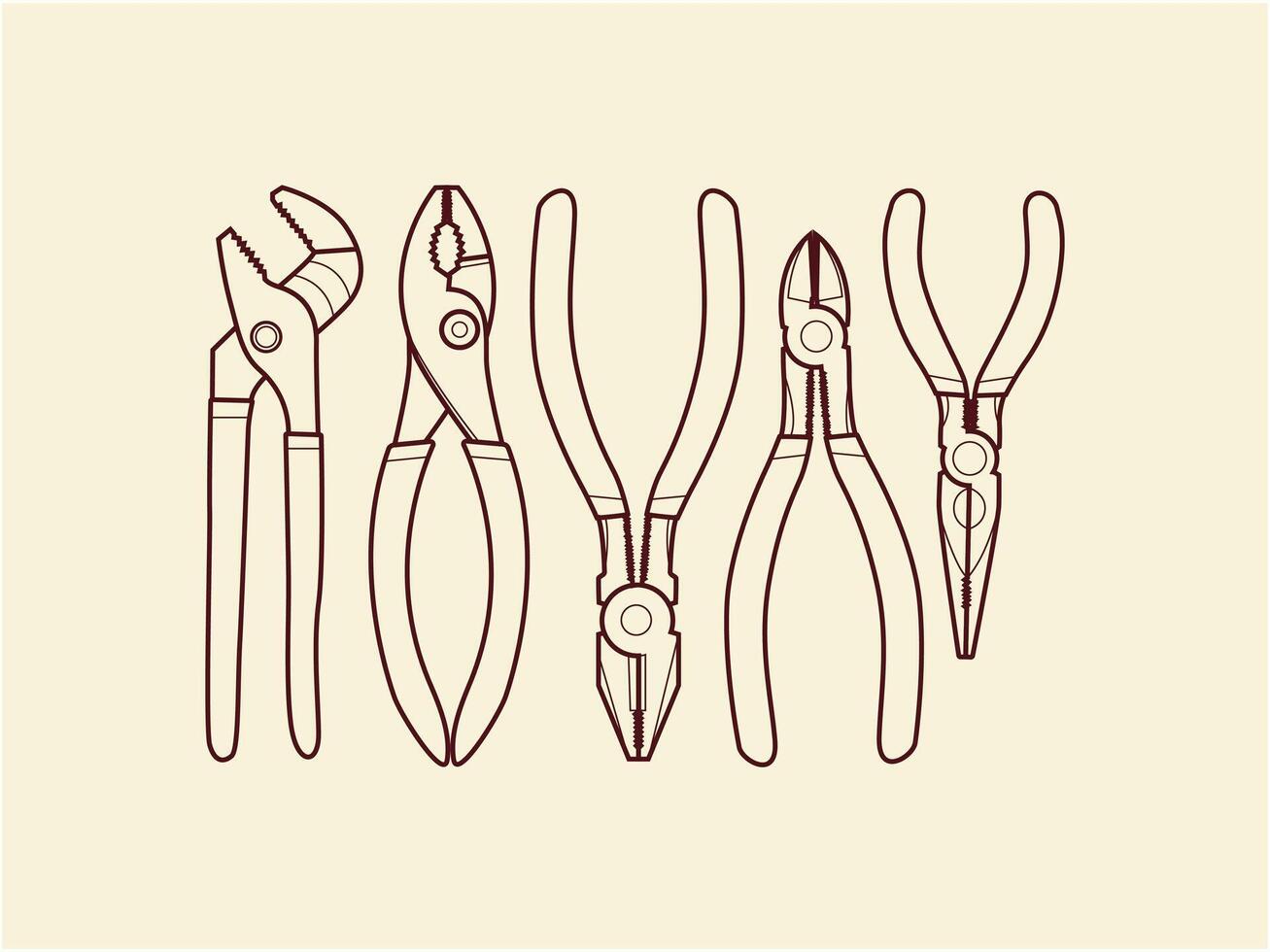 Set of basic pliers line art illustration vector