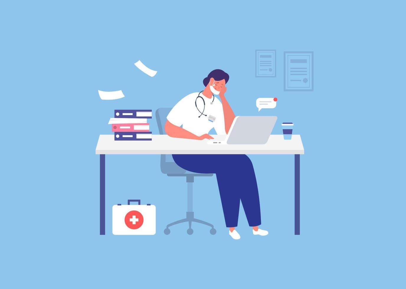 tired doctor working at his desk with a laptop vector