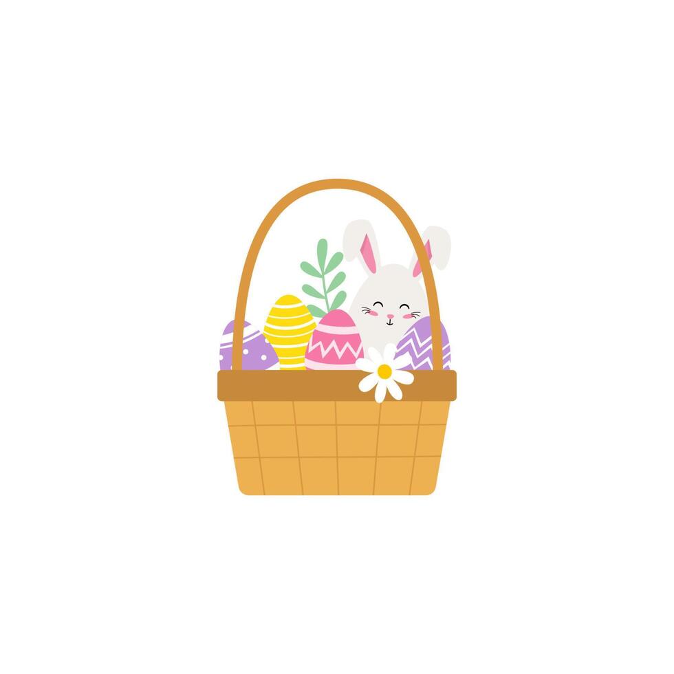 Pascua de Resurrección conejito en cesta con huevos y flores vector