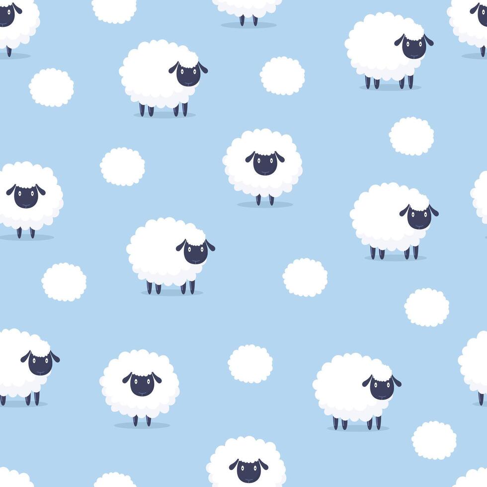 sheep seamless pattern with white and black sheep on blue background vector