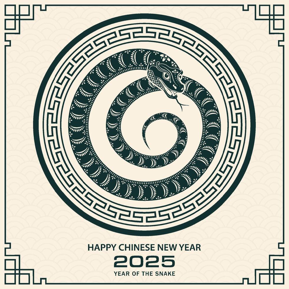 Happy Chinese new year 2025 Zodiac sign, year of the Snake, with green paper cut art and craft style vector