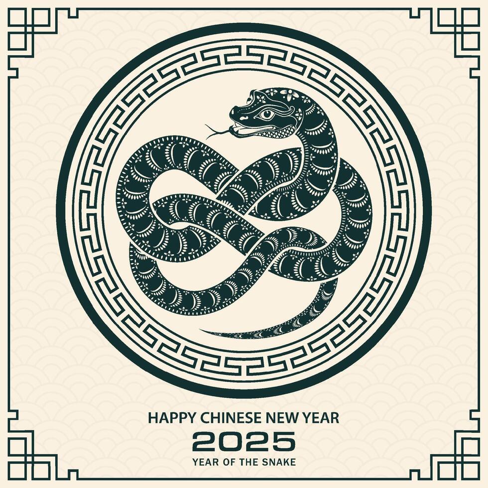 Happy Chinese new year 2025 Zodiac sign, year of the Snake, with green paper cut art and craft style vector