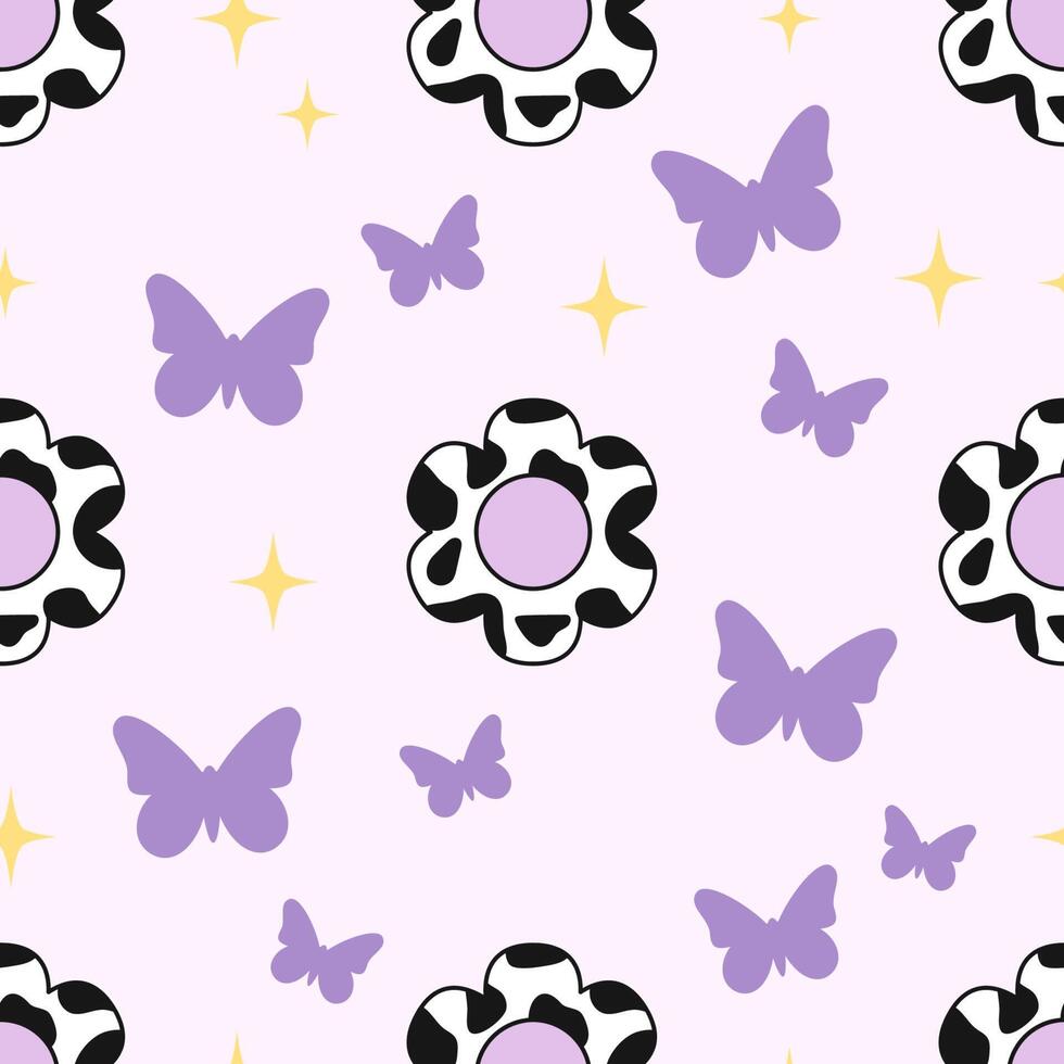 Y2K pattern with purple and white butterflies and stars vector