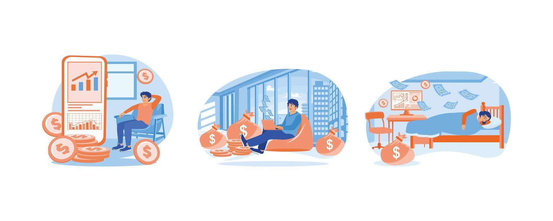 hombres trabajo en línea. trabajo como un persona de libre dedicación y ganar dinero en línea. pasivo ingresos concepto. conjunto plano ilustración. vector