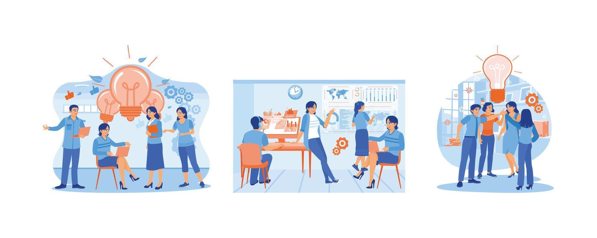 Office workers have a meeting. Exchange ideas for new projects. Looking for solutions to success. Brainstorming concepts. Set flat illustration. vector