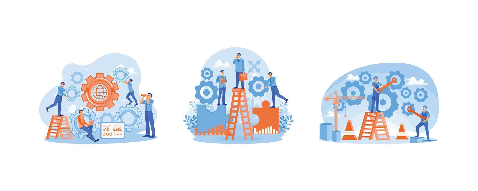 Entrepreneurs working together on a project. Plan business strategies towards targets. Work together. Team work concept. Set flat illustration. vector