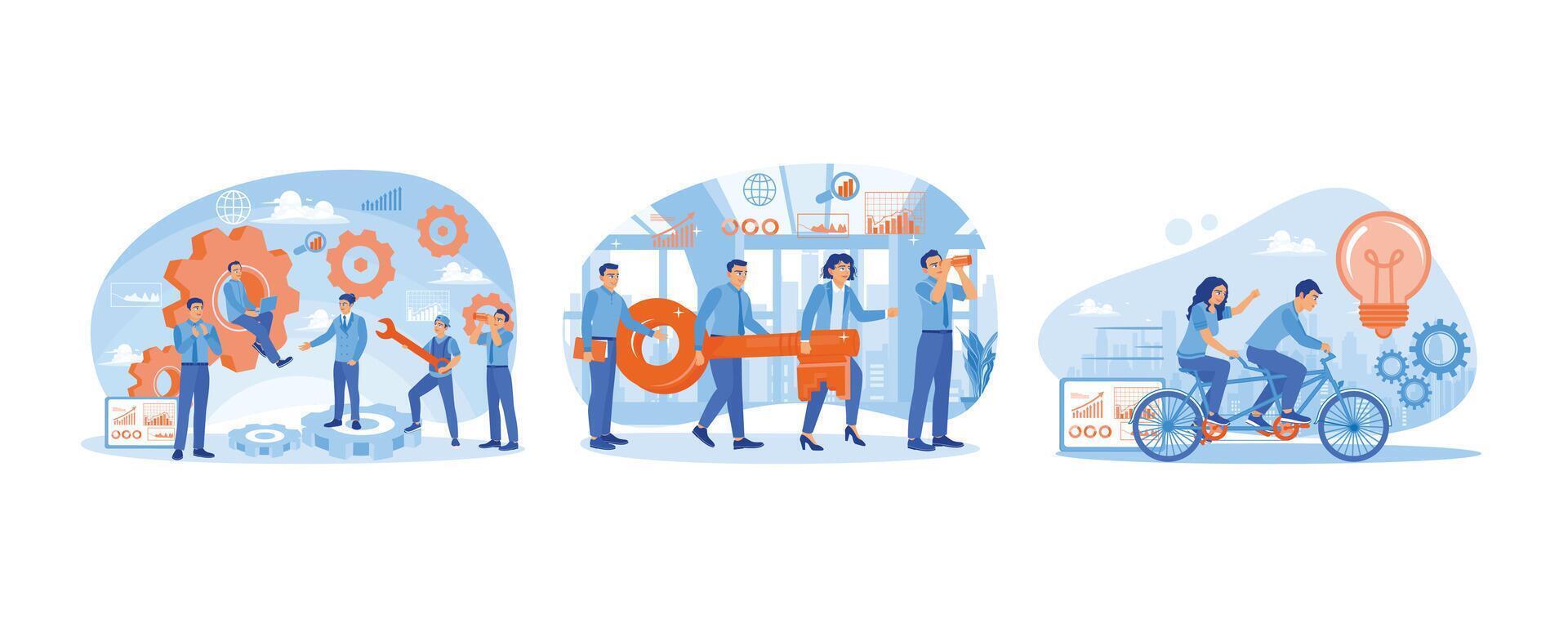 Business people working together in company. Successful teamwork. Work together to achieve goals. Team work concept. Set flat illustration. vector