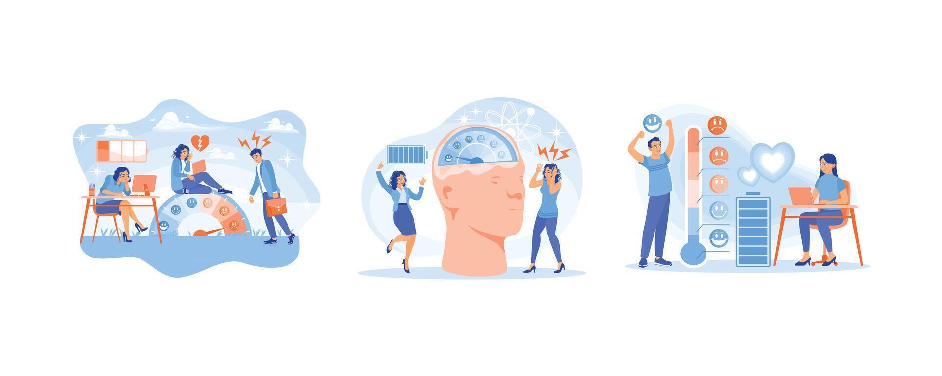 People are in a bad mood. A female employee who is stressed because she is tired at work. Good mood indicator. Stress concept. Set flat illustration. vector