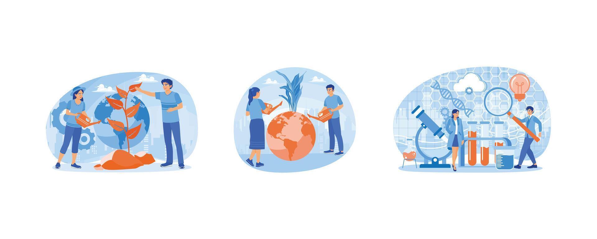 World Environment Day. A globe with a tree growing on it. Scientists do DNA research in the laboratory. Bio Technology concept. Set flat illustration. vector