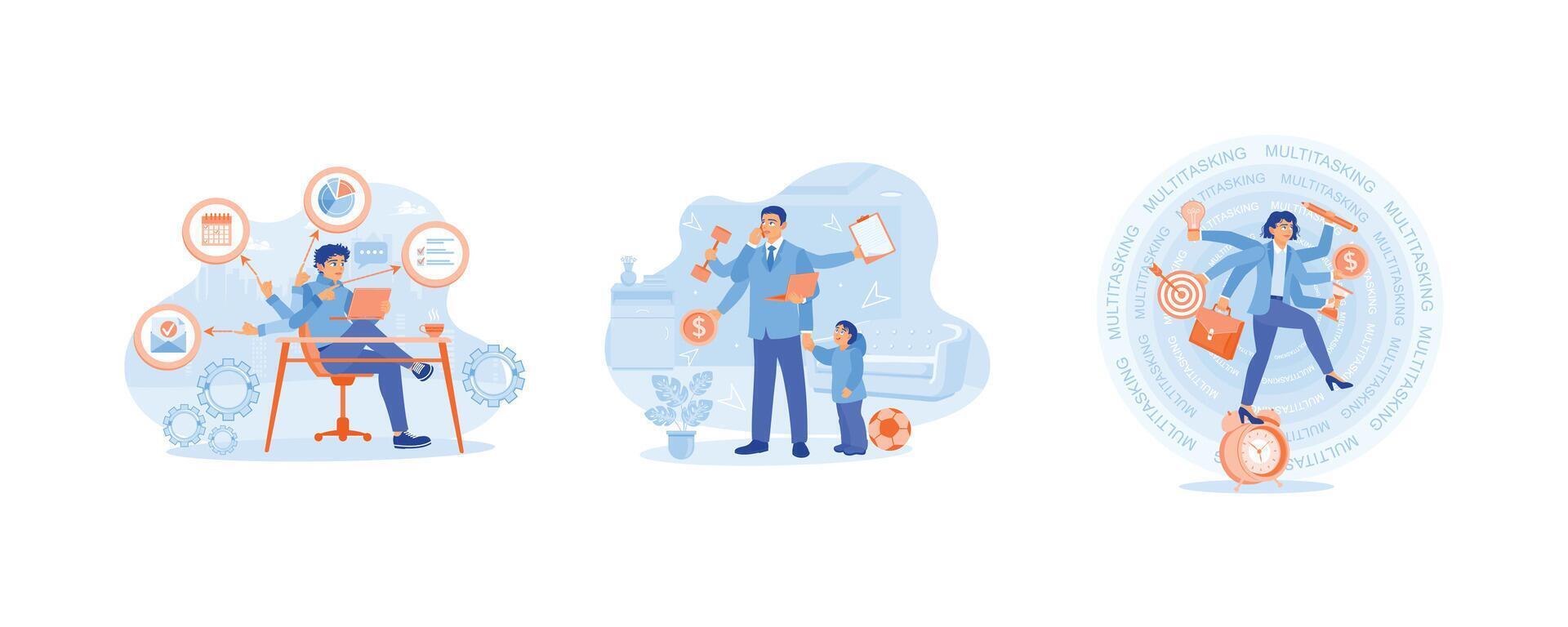 Busy businessman. Parenting, exercising and working. Productive multi-hand. Multitasking concept. Set flat illustration. vector