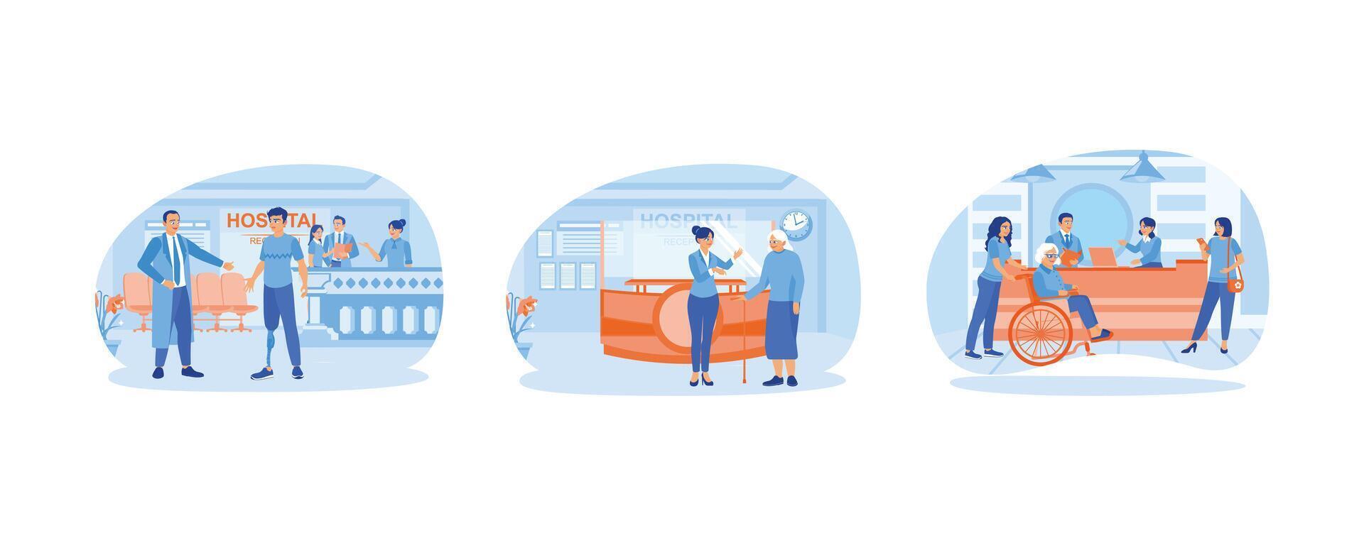 The doctor in the hospital lobby. A grandmother visits the hospital. Waiting at the reception desk. Hospital receptionist concept. Set flat illustration. vector