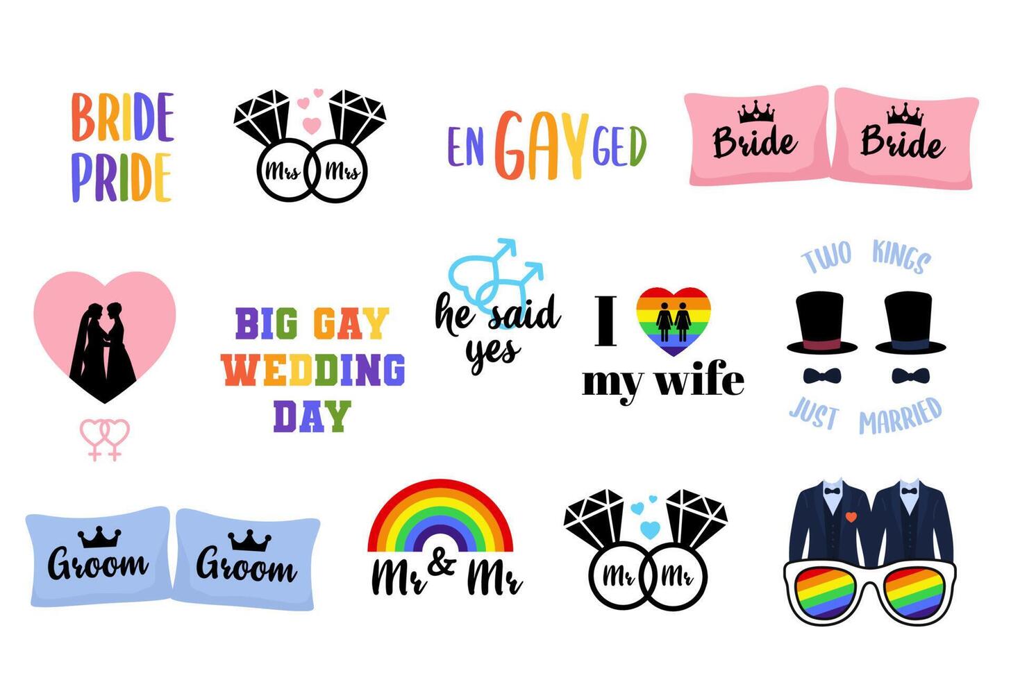 un colección de lgbt Boda pegatinas y otro artículos vector