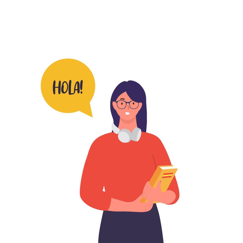 a woman with a book and a speech bubble with the word hola vector