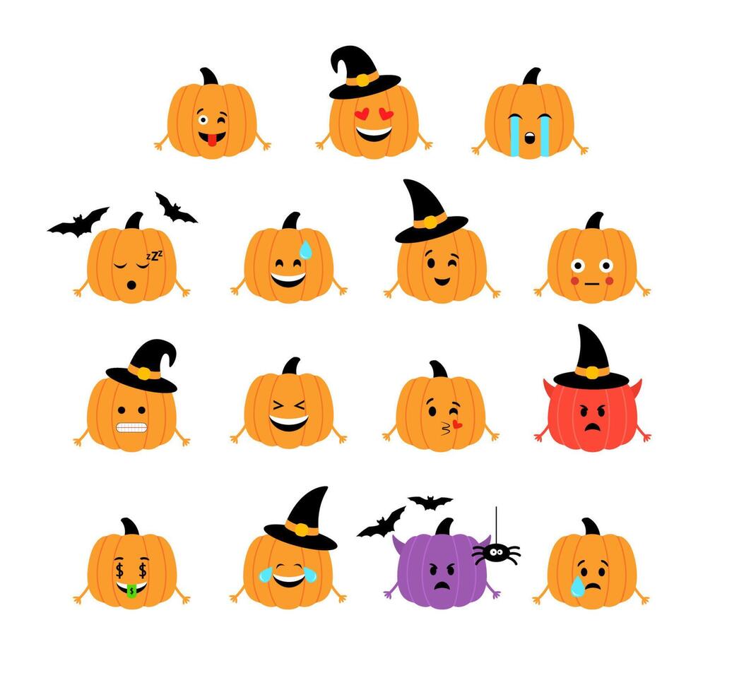 Víspera de Todos los Santos calabazas con diferente expresiones vector