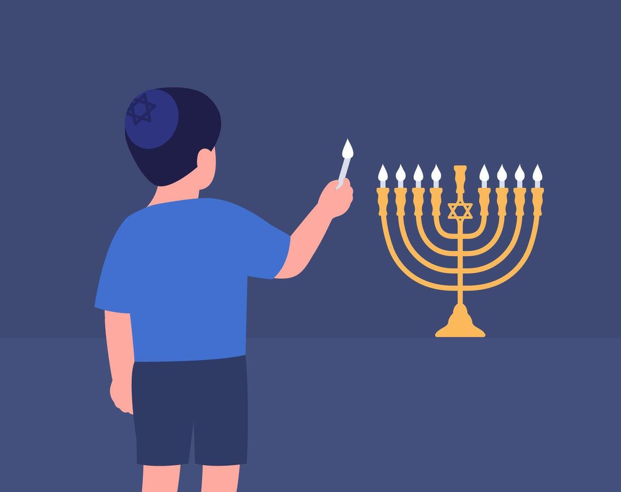 un chico Encendiendo un Menorah con velas vector