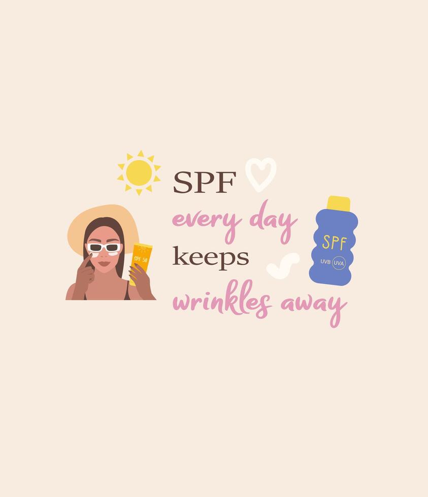 un mujer vistiendo Gafas de sol y un sombrero con el palabras spf cada día mantiene arrugas lejos vector