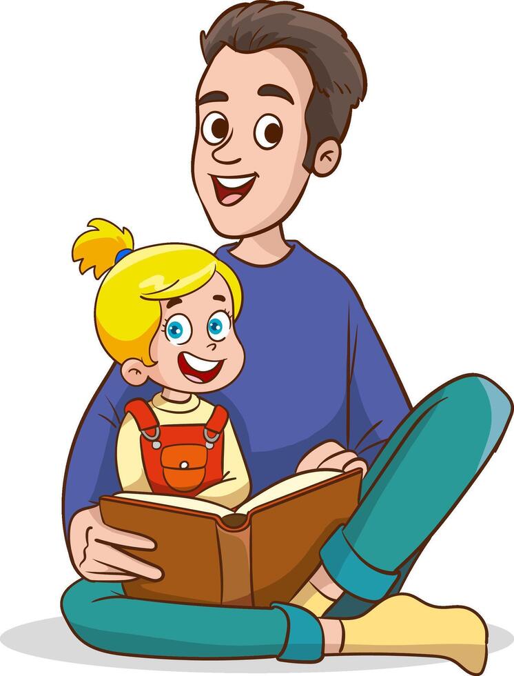 padre es leyendo un libro a su pequeño hija sentado en su regazo. el imagen evoca calor, familia unión, y el alegría de cuentacuentos con familia caracteres. dibujos animados personas ilustración vector