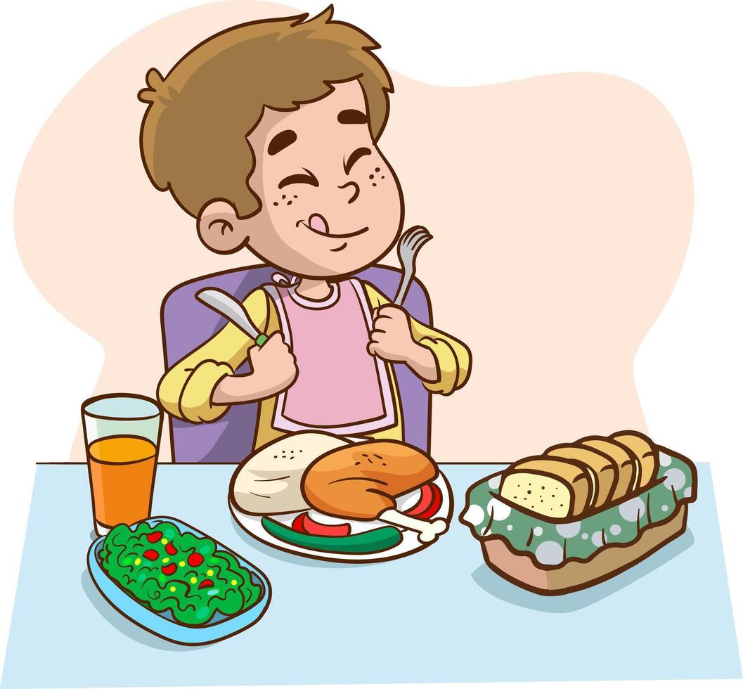 Little boy hungry happy to eat illustration vector