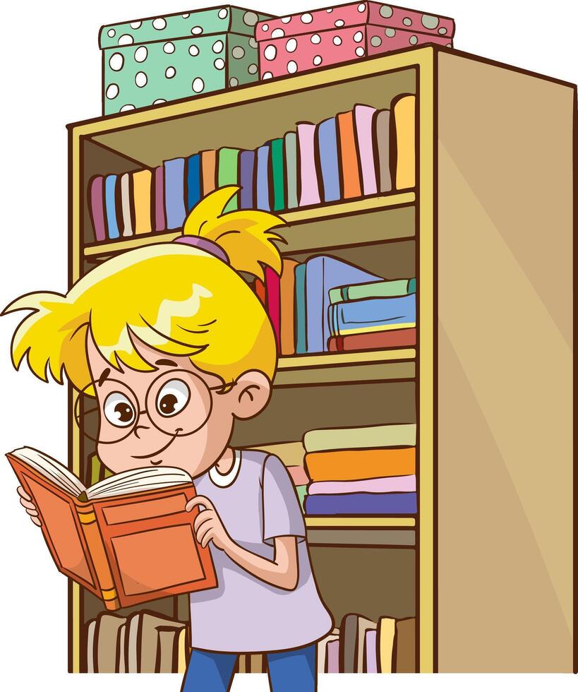 pequeño niña es leyendo un libro. un pequeño niña con un libro en su manos. un niña es leyendo un libro. vector