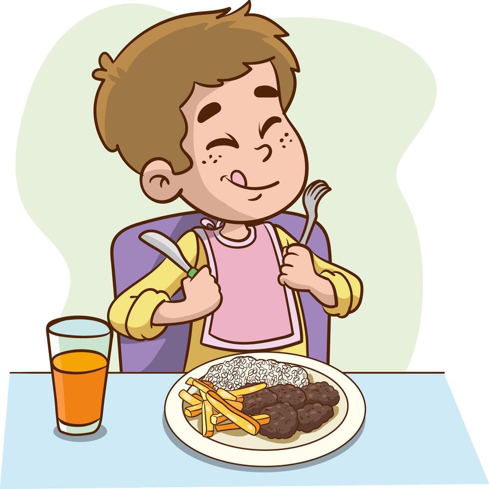 pequeño chico hambriento contento a comer ilustración vector