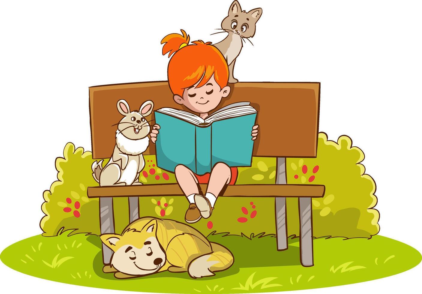 illustration of girl reading a book on the bench and her pets vector