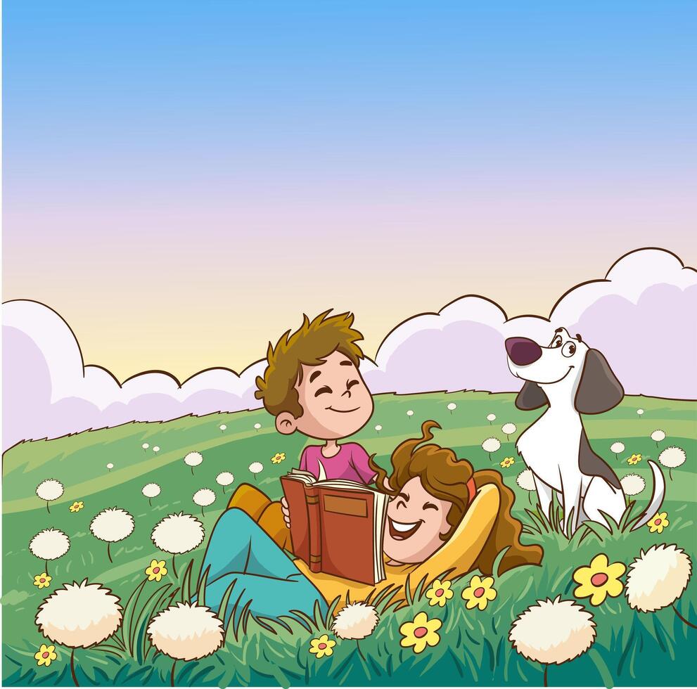 Illustration Of Children Reading Book At Garden vector