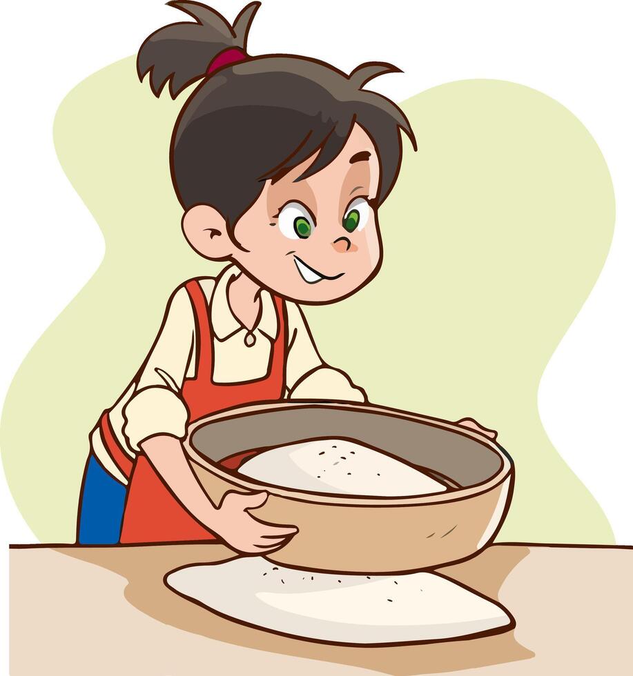 ilustración de linda niño niña cernido harina vector