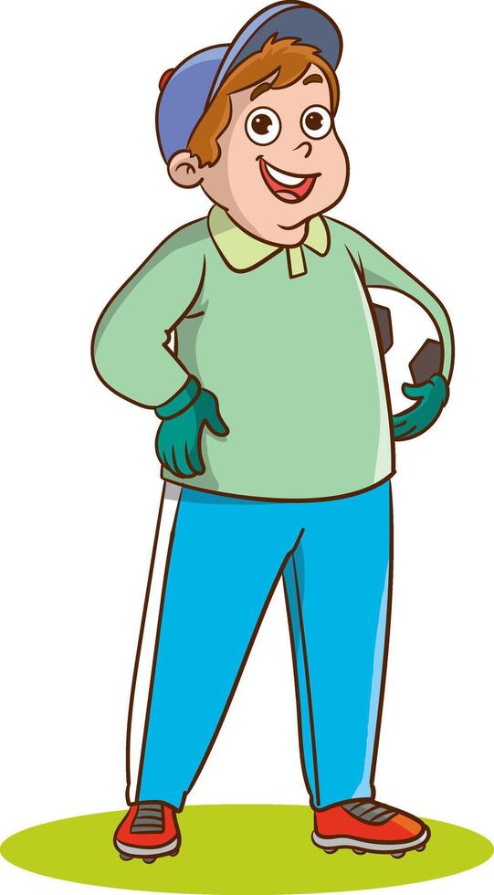 illustration of happy kid boy play soccer as goalkeeper vector