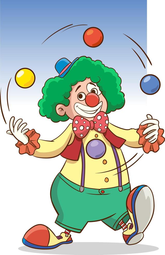 ilustración dibujos animados de un linda payaso malabares con vistoso pelotas. vector