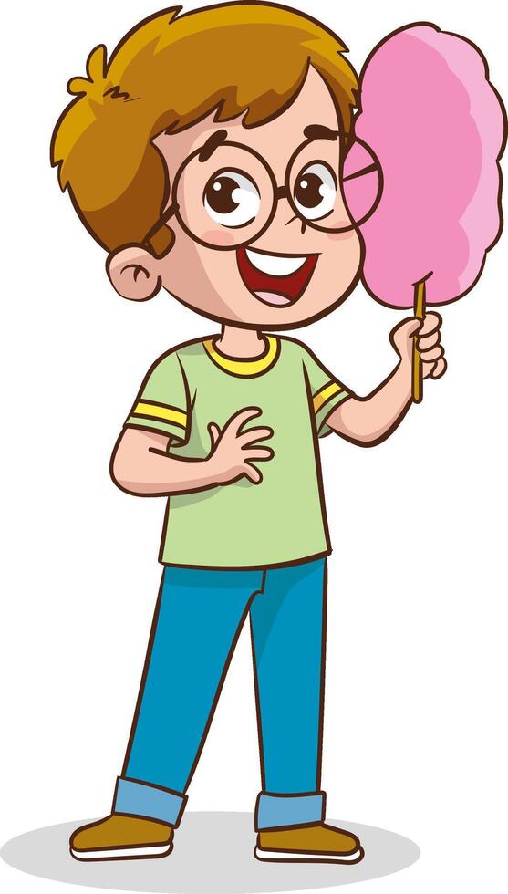 Cute child eating sweet cotton candy on a stick. Flat design vector