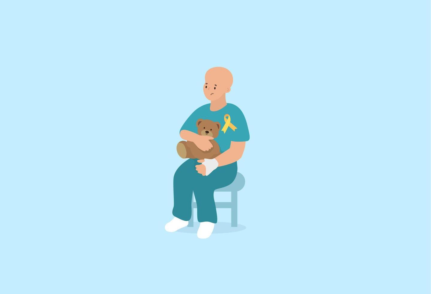 child with cancer sitting on a chair holding a teddy bear vector