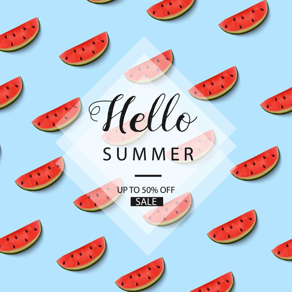 hello summer banner with watermelon slices on blue background vector