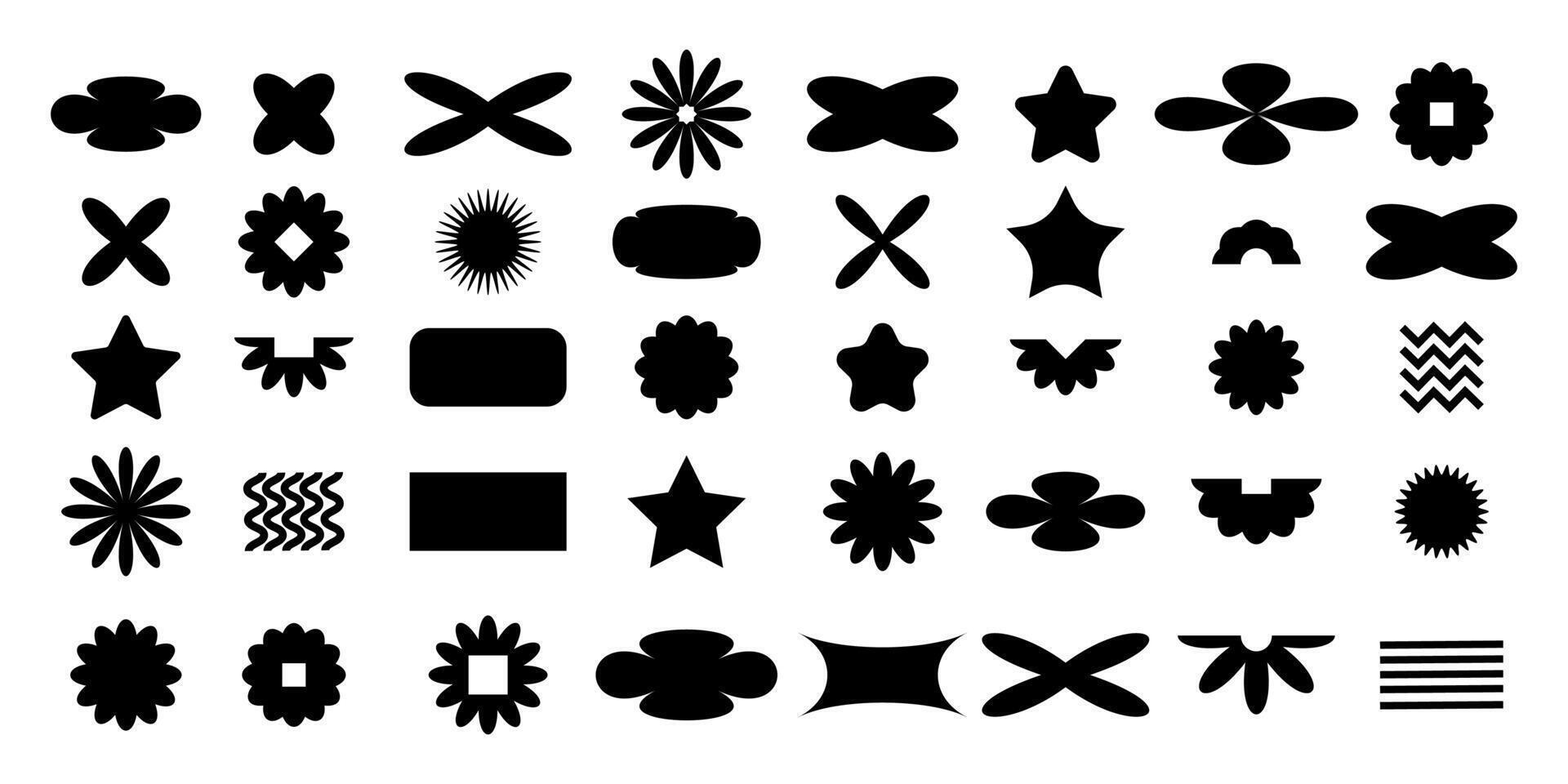 Abstract geometric shapes in y2k retro style. Brutalist figures, flowers and other primitive elements. illustration vector
