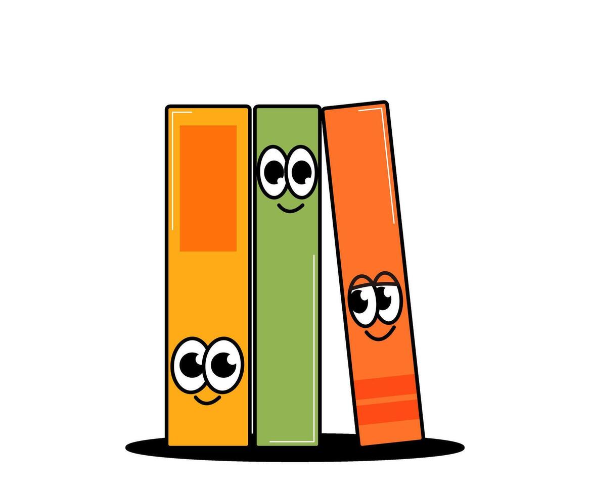 espalda colegio retro linda caracteres. conjunto de Tres gracioso libros con linda caras. miedoso maravilloso mascotas en un transparente antecedentes. contemporáneo ilustración. vector