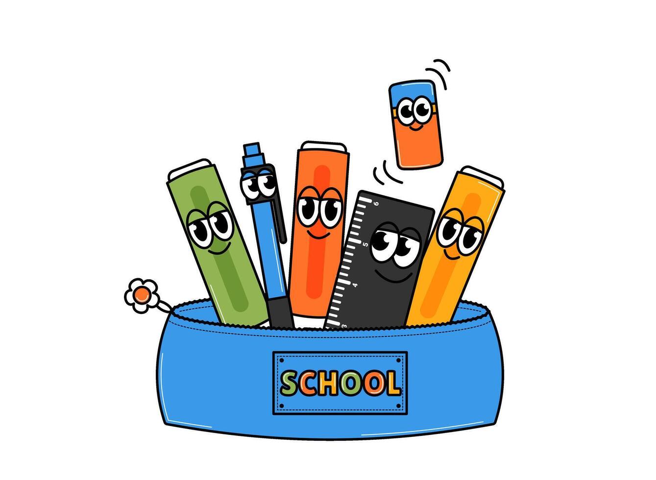 Back to school weird character. Retro school pencil case with pen, markers, ruler and eraser. Groovy sticker on a transparent background. Contemporary illustration. vector