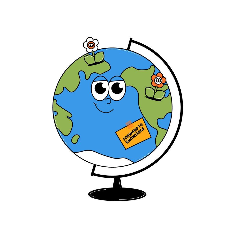 Back to school retro funky character. Cute Earth globe with flowers and sticker. Funky groovy object on a transparent background. Contemporary illustration. vector