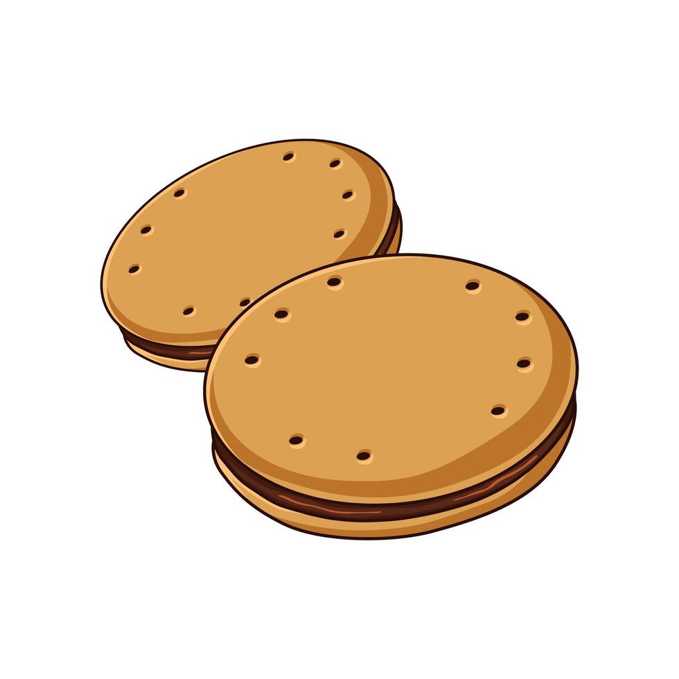 Illustration of biscuit cookie with chocolate cream on a white background in hand-drawn cartoon style vector