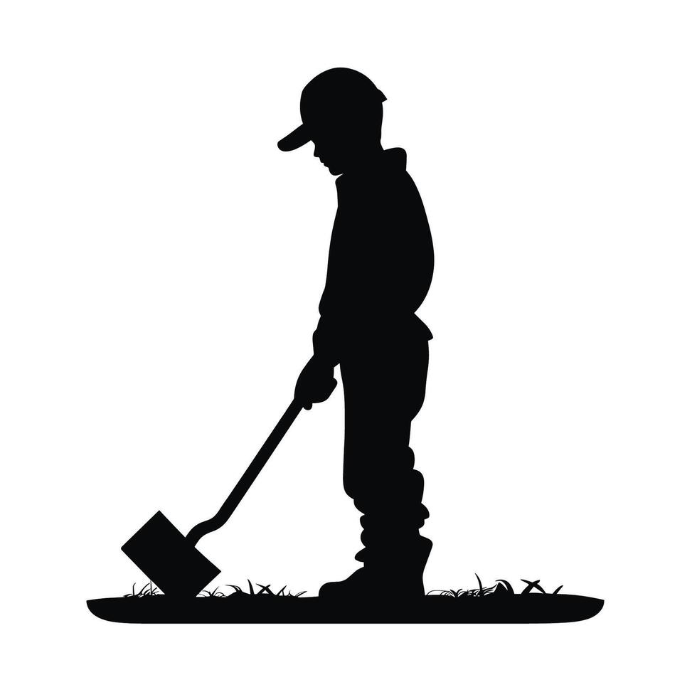 Silhouette of Worker with Shovel Standing vector