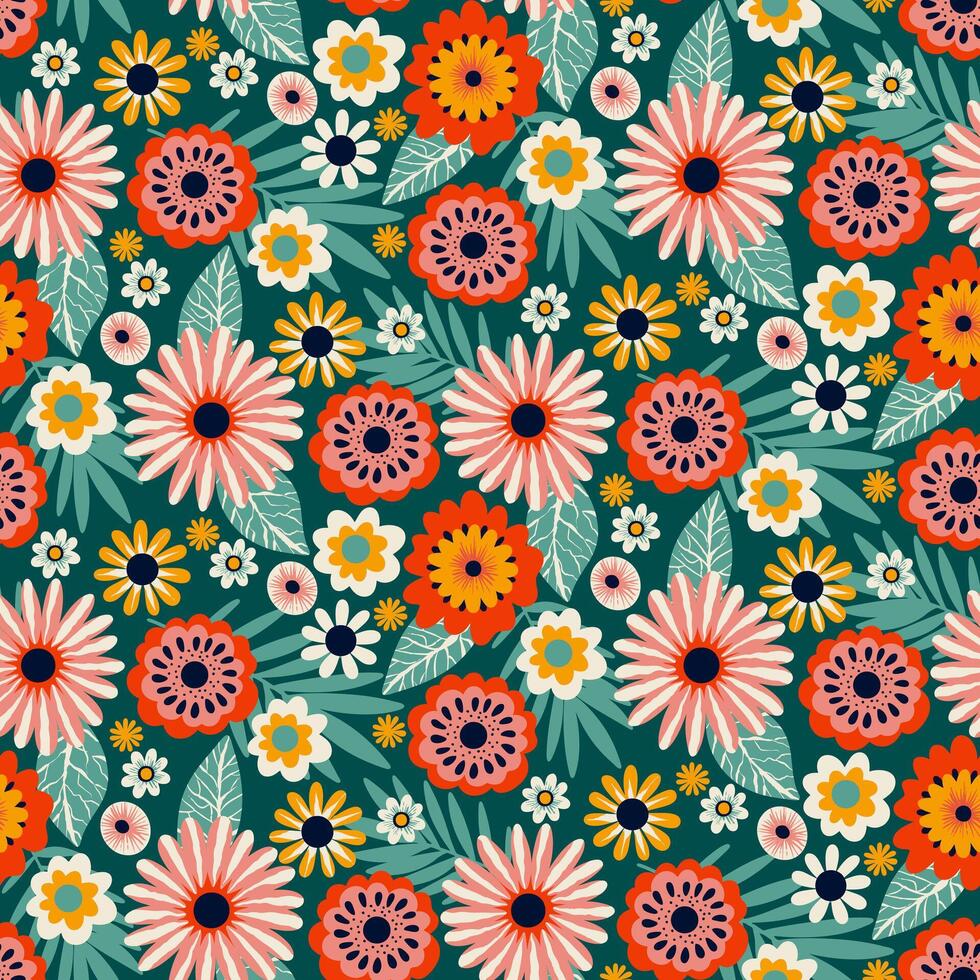 Floral Seamless Half Drop Pattern with Leaves and Flowers in Green, Red, Pink, Yellow, White. Repeat Wallpaper Print Texture. Perfectly for Wrapping Paper, Textile, Fabric, Decor Ornament. vector