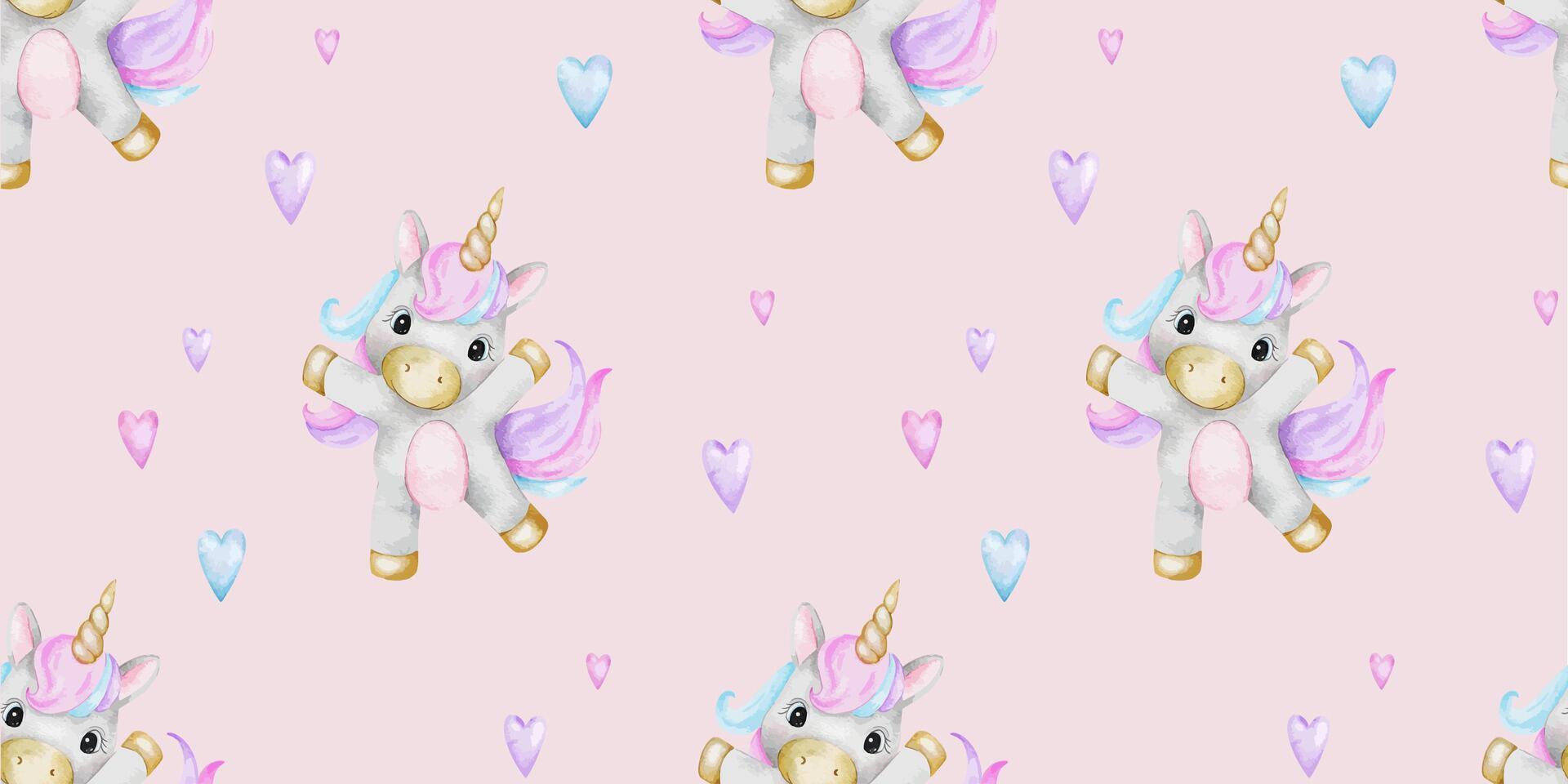 impresión de linda pequeño unicornios y corazones. antecedentes de bebé ponis. acuarela mano dibujado sin costura modelo para para niños habitaciones, bienes, ropa, postales, bebé ducha y guardería, tela vector