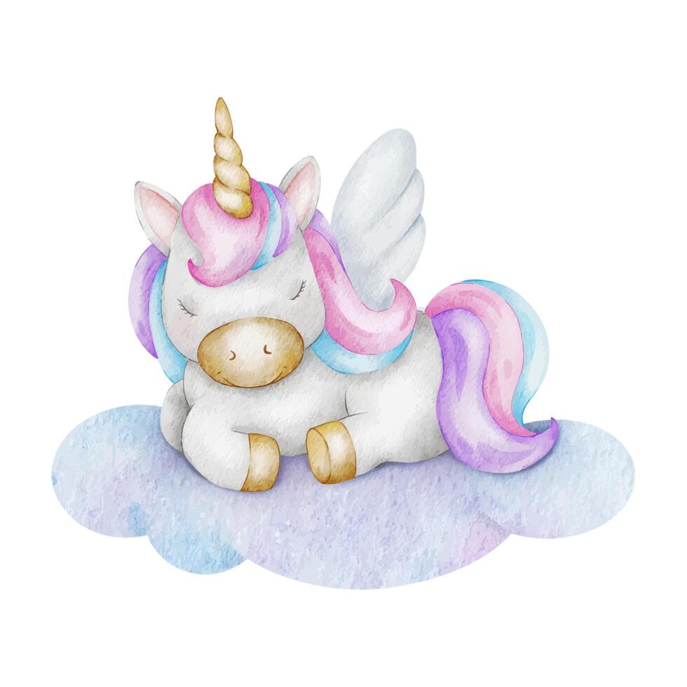 Cute baby fairytale unicorn sleeping on cloud. Isolated watercolor illustration for logo, kid's goods, clothes, textiles, postcards, poster, baby shower and children's room vector