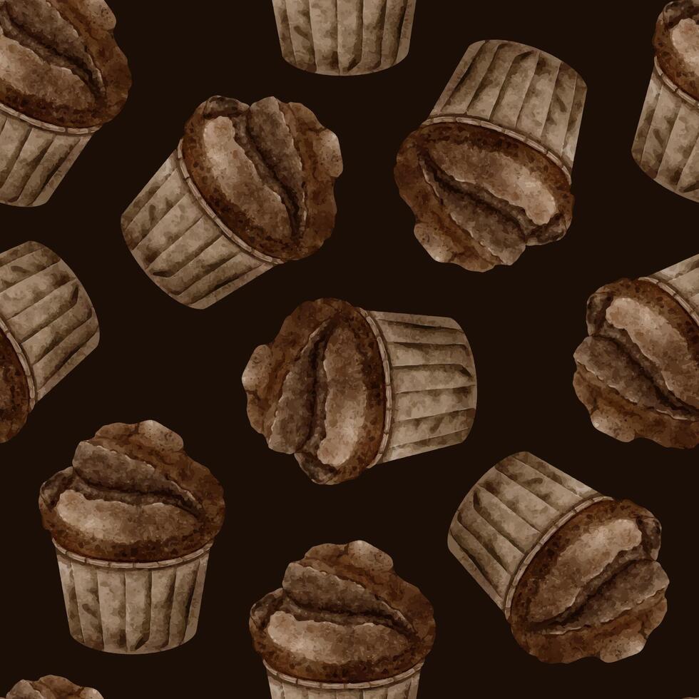Watercolor seamless pattern of Chocolate muffins. Sweet bakery products. Background of Pastry for design of labels, packaging of goods, cards, for bakehouse, bakeshop. vector