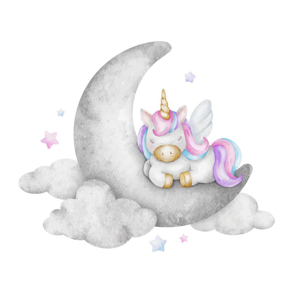 Cute baby fairytale unicorn sleeping on crescent moon in clouds, stars. Isolated watercolor illustration for logo, kid's goods, clothes, textiles, postcards, poster, baby shower and children's room vector