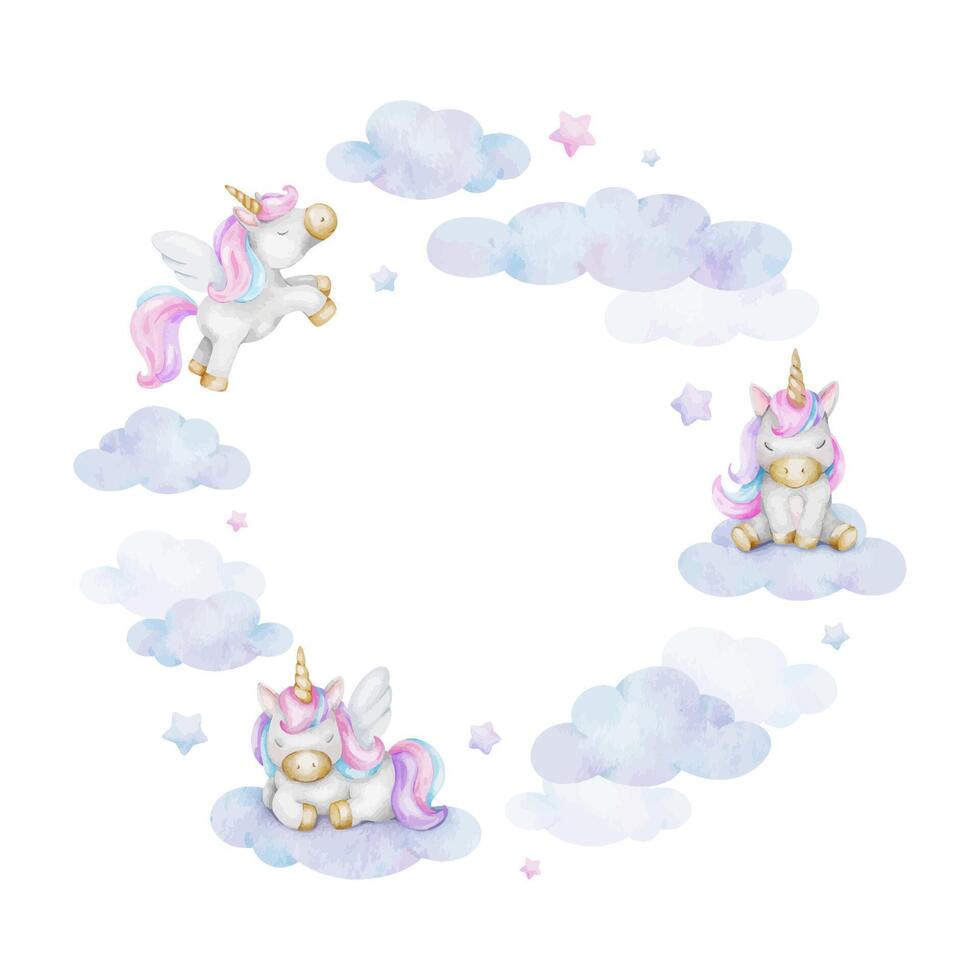 Cute baby fairytale unicorn, clouds, stars. Isolated watercolor frame. Cute layout for kid's goods, invitations, postcards, poster, baby shower and children's room vector