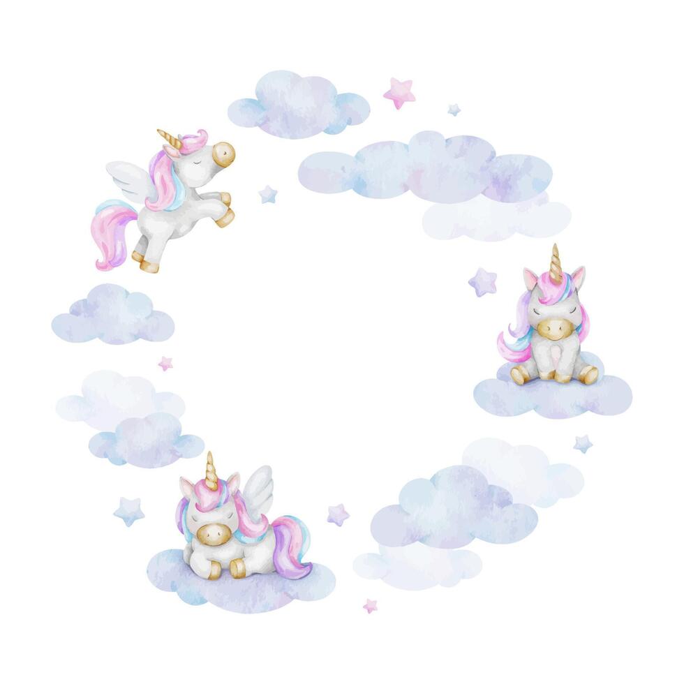 linda bebé cuento de hadas unicornio, nubes, estrellas. aislado acuarela marco. linda diseño para niño bienes, invitaciones, postales, póster, bebé ducha y para niños habitación vector