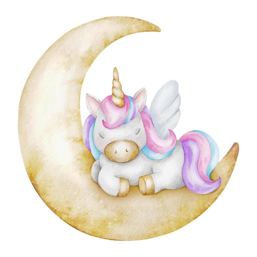 linda bebé cuento de hadas unicornio dormido en creciente Luna. aislado acuarela ilustración para logo, niño bienes, ropa, textiles, postales, póster, bebé ducha y para niños habitación vector
