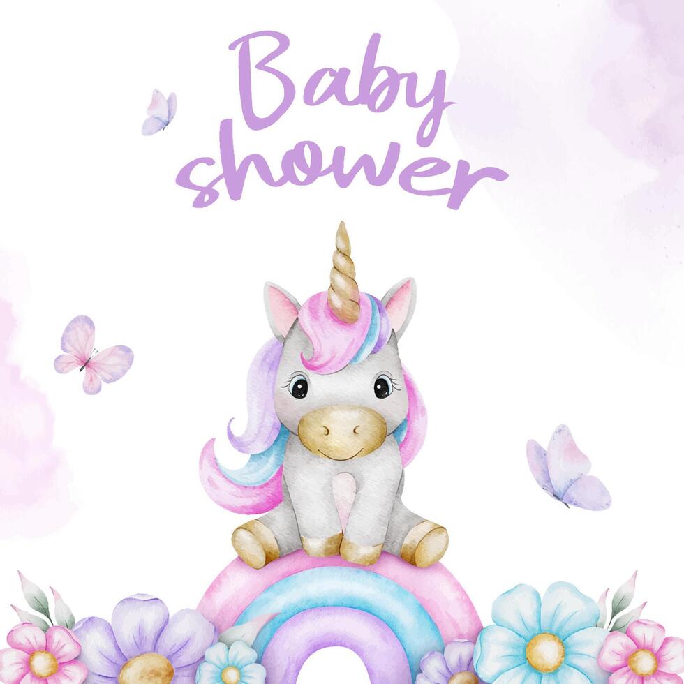 Unicorn sitting on rainbow, butterflies and flowers. Cute invitation to party for girls. Greeting card with fairytale pony. Template invitation for newborns party. Hand drawn watercolor illustration. vector