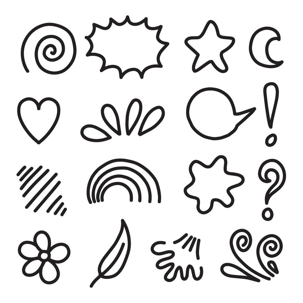 Set of hand-drawn cartoony expression sign doodle, emoticon effects design elements, cartoon character emotion symbols, cute decorative brush stroke lines. vector