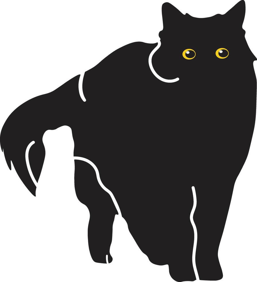 Happy International Cat Day Silhouette Isolated on White Background. with Kawaii Yellow Eyes. Illustration Design vector