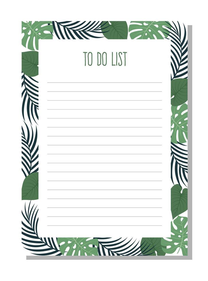 Planner, to do list with tropical leaves of monstera and palm leaves. vector